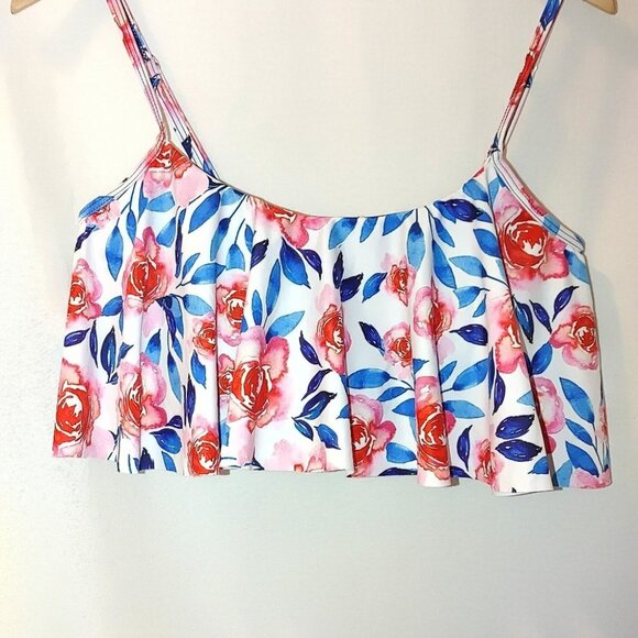 Verano Playa Bikini Top Flounce Pink White Blue Floral Rose Print Crop Top M - Picture 2 of 8